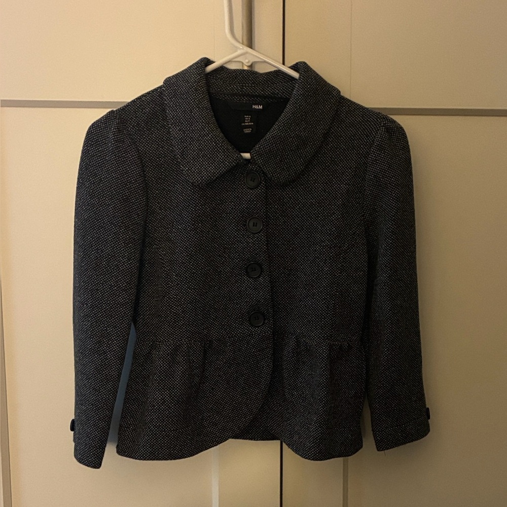 H&M Black/Grey Blazer with Button and Peplum Detail and Puff Sleeve